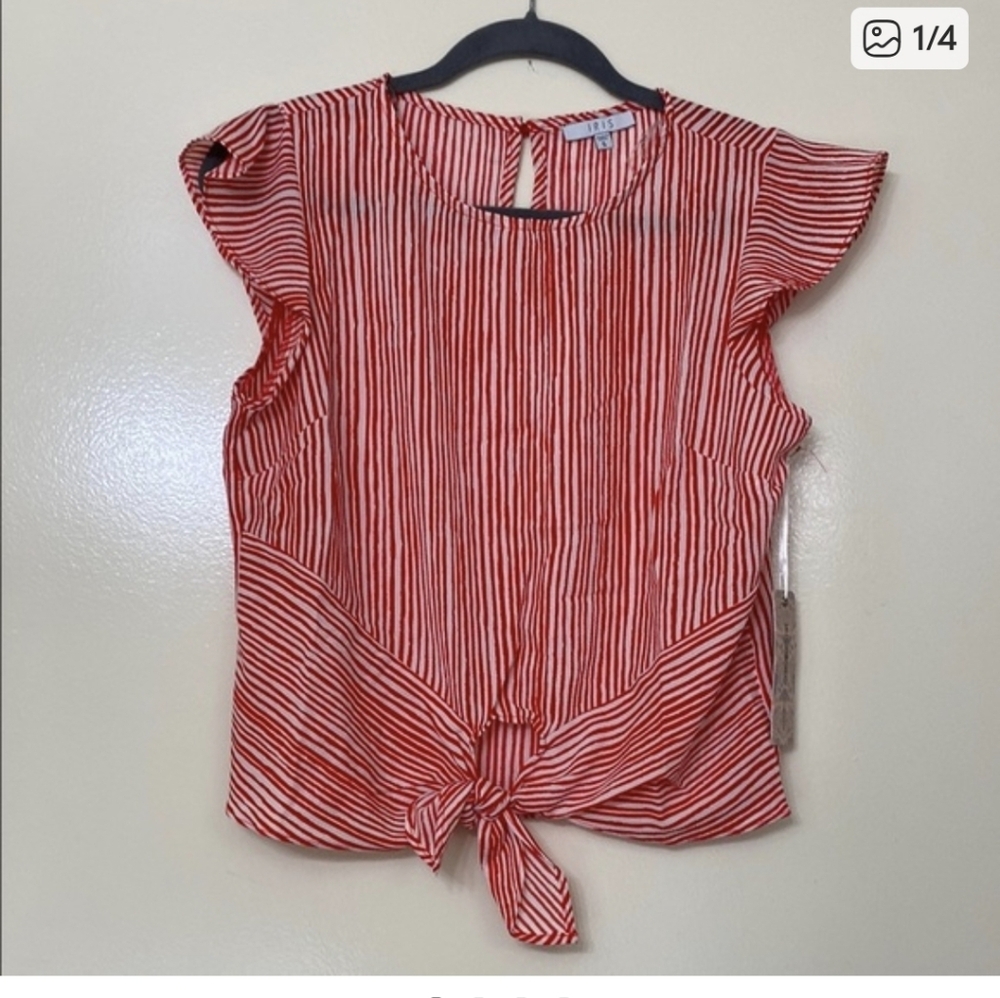 Red and White Striped Cap Sleeve Tie Front Blouse - IRIS